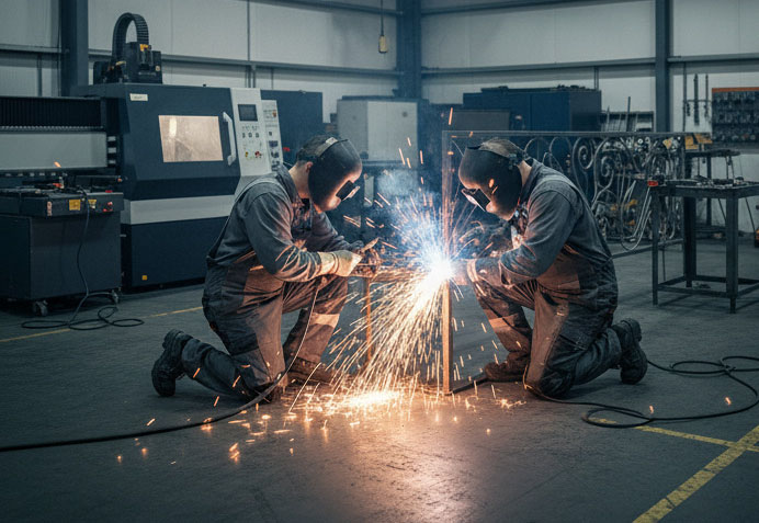 Two welders in protective gear working on a custom fucose metal fabrication in Cambridgeshire workshop with industrial machinery in the background.